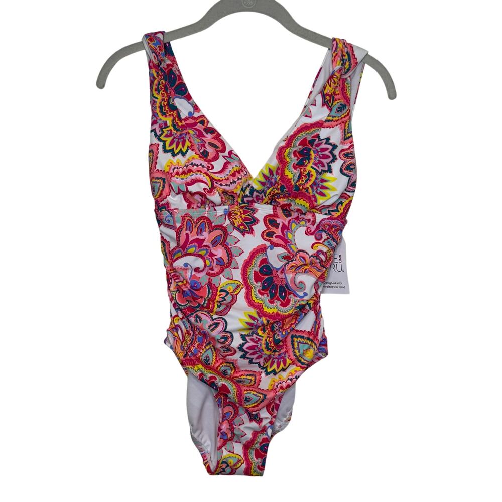 NWT Floral Print Ruched Wide Strap One Piece Swimsuit